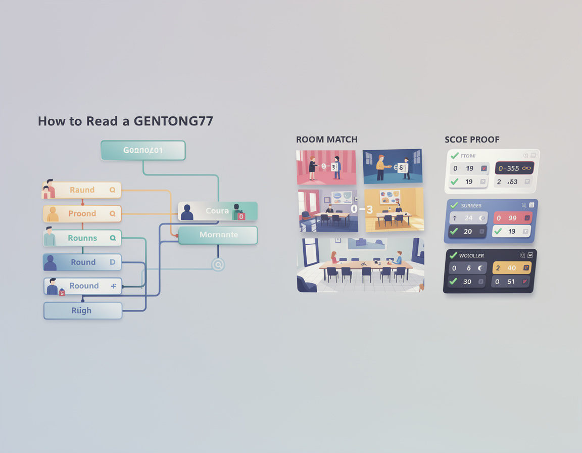 Ilustrasi cara membaca bracket GENTONG77 dengan bracket, room match, dan bukti skor