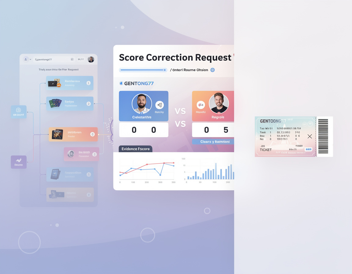 Ilustrasi score correction request GENTONG77 dengan bracket, room match, dan bukti skor